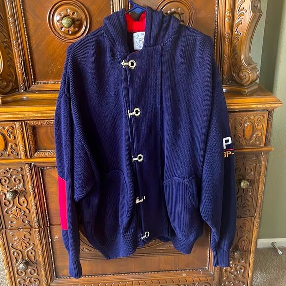 Vtg FCP Save The Sea 1stClass Passenger nautical navy and red hooded cardigan - Picture 1 of 10